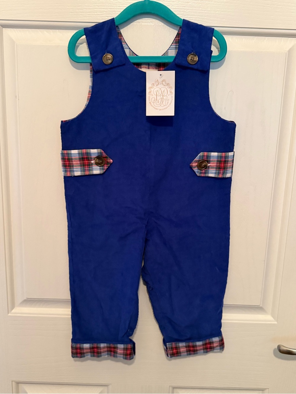 NWT The Beaufort Bonnet Company Royal Blue Boys' Corduroy Longall Plaid Trim
